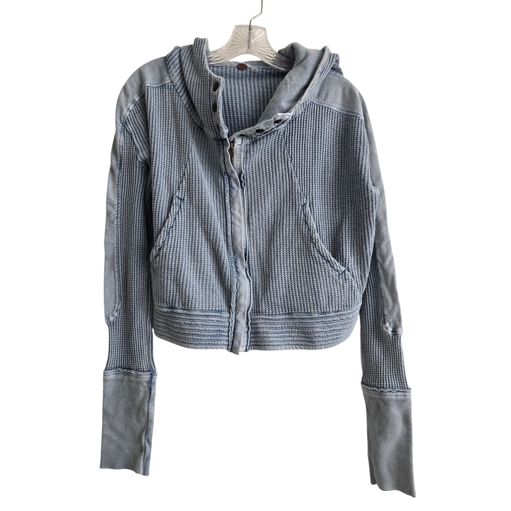 Free People XS Thermal Mason Hoodie Blue Excellent Waffle Knit Zip Up Cropped